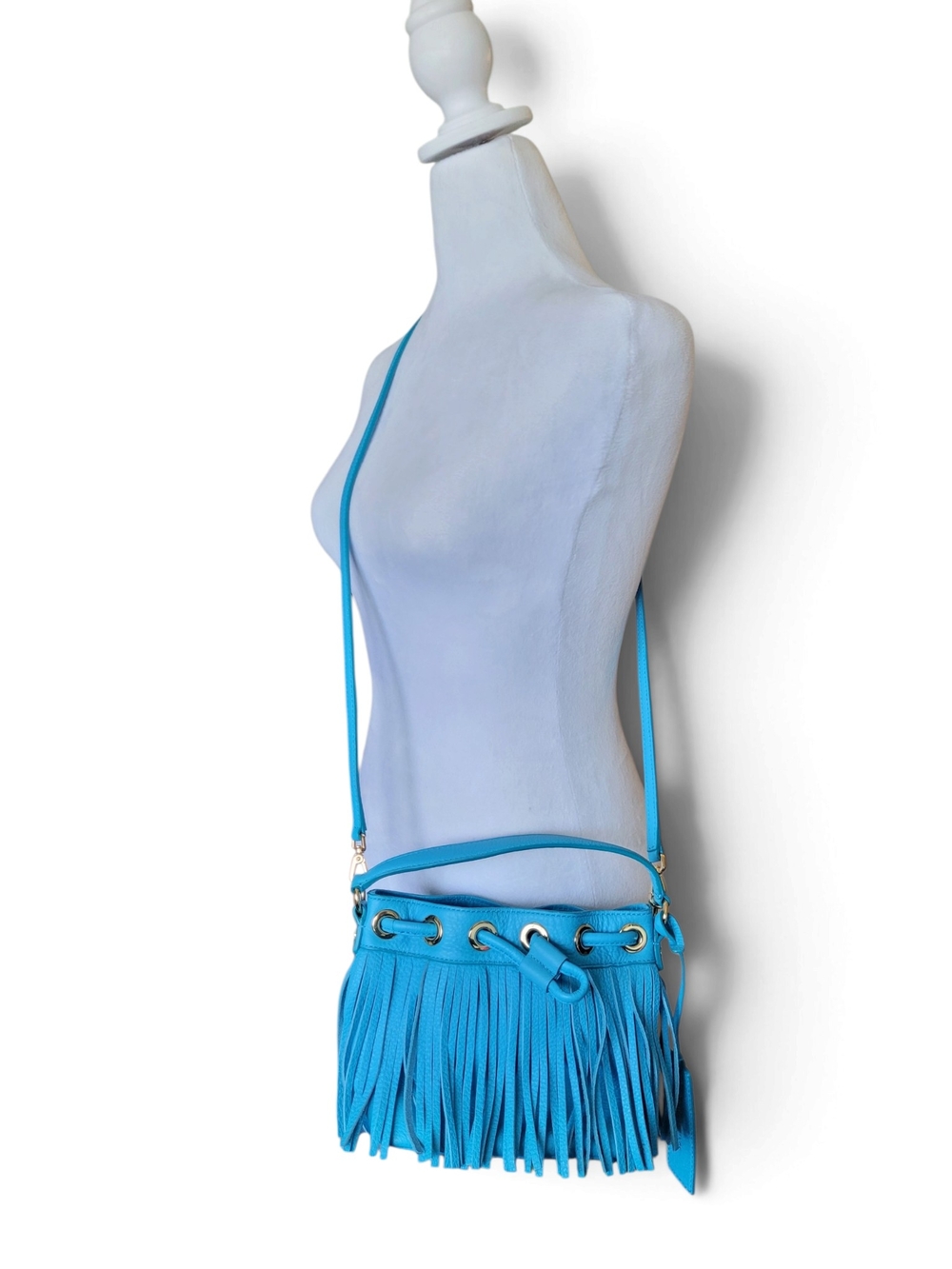 NWOT Juicy Couture Black Label Leather Fringe Bucket Bag With Strap Bright Blue